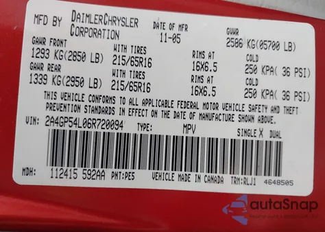 2006 Chrysler Town & Country Touring from USA, damaged, VIN 2A4GP54L06R720094